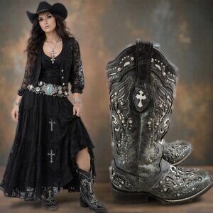 Corral Vintage Cross Square Toe Cowboy Western Boots 6.5M Cross Studded Bling